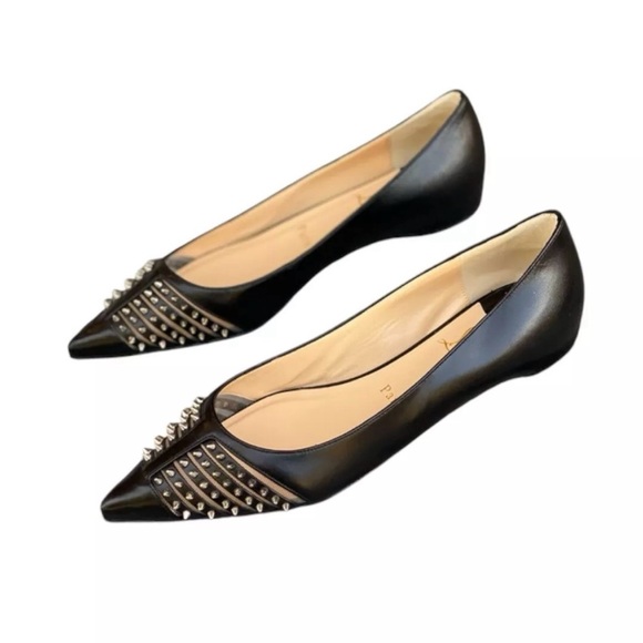 Christian Louboutin Red Bottom Black Leather Mesh Spike Studded Flats 36.5 6.5 - Picture 1 of 9